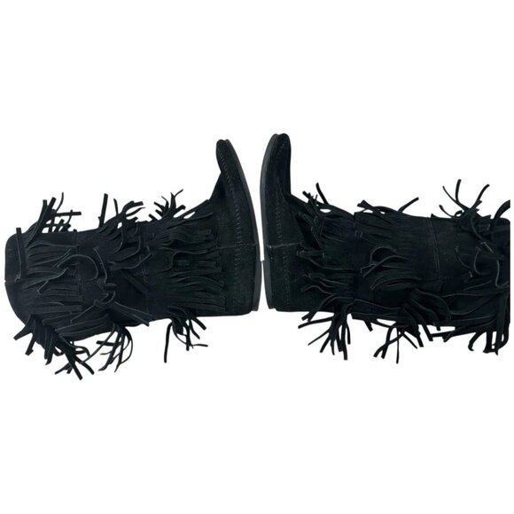 Minnetonka Boot Women 7 Black Suede Mid Calf 3 Tier Fringe moccasin boho Festiva - Picture 10 of 16